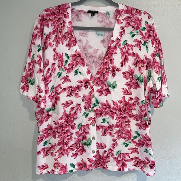 TALBOTS PINK SPRING FLORAL ACCENT BUTTONS THIN Short Sleeve CARDIGAN SWEATER X1 - Picture 1 of 6